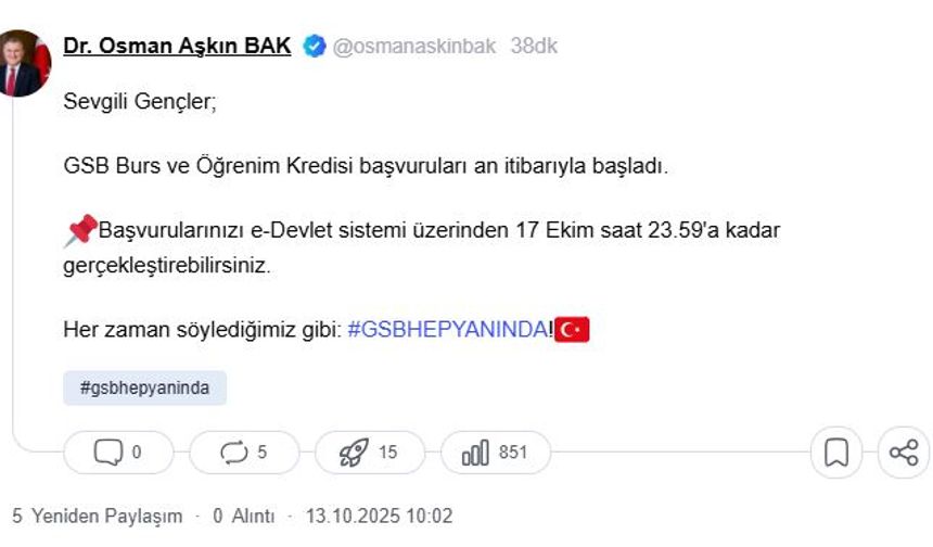 Bakan Bak: 2025-2026 eğitim öğretim dönemi için burs/kredi başvuruları başladı