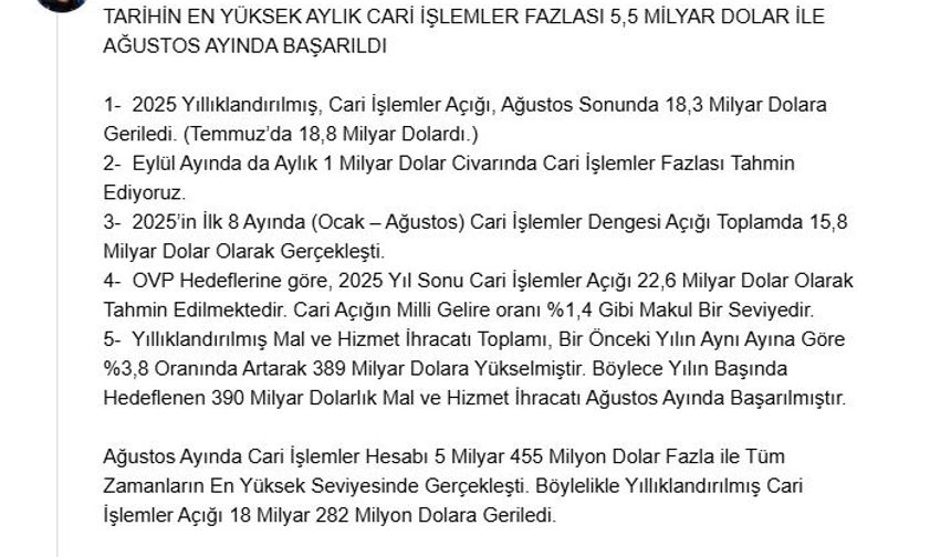 Bakan Bolat: Eylülde 1 milyar dolar civarında cari fazla tahmin ediyoruz