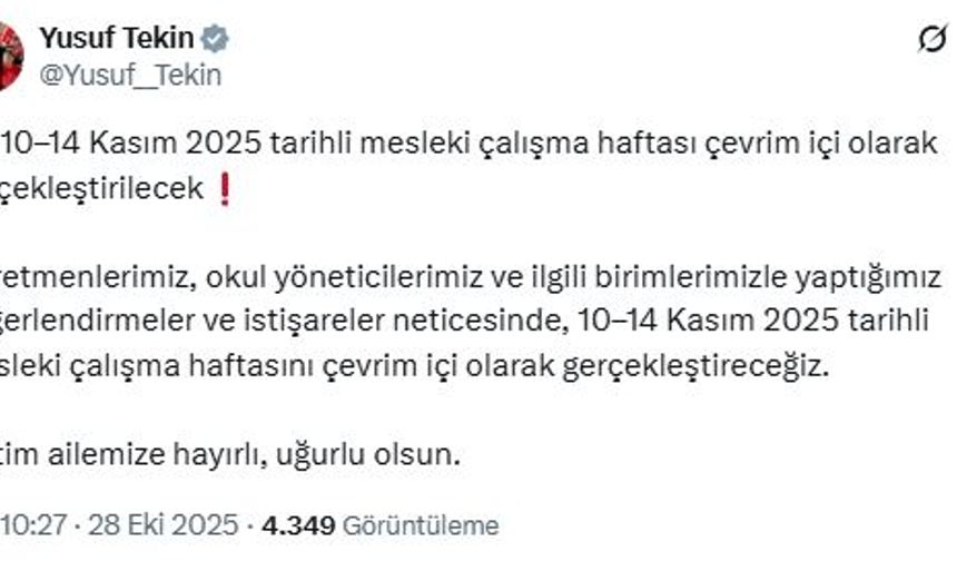 Bakan Tekin: Mesleki çalışma haftası çevrim içi olacak