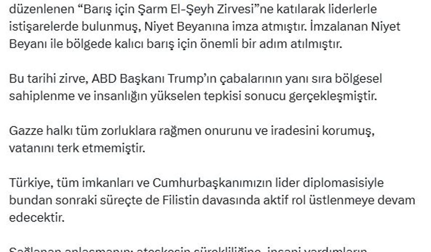 Cevdet Yılmaz: Türkiye, Filistin davasında aktif rol üstlenmeye devam edecektir