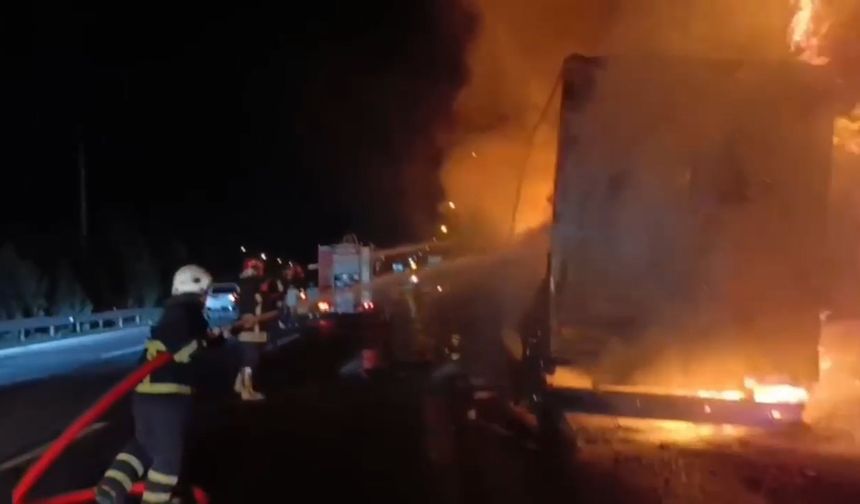 Şanlıurfa'da elektronik eşya yüklü TIR dorsesinin yanması kamerada