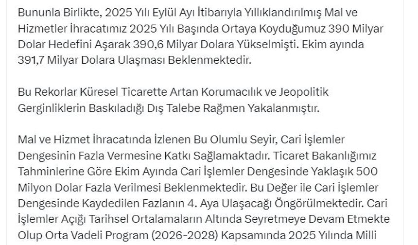 Bakan Bolat: Ekimde cari işlemler dengesinde 500 milyon dolar fazla bekleniyor