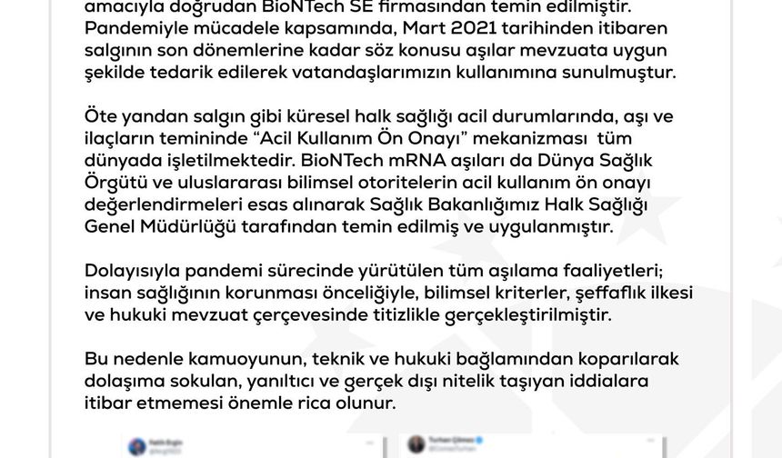 DMM: Salgın sürecinde ülkemize 'BioNTech aşısı gelmediği' iddiaları gerçeği yansıtmamaktadır