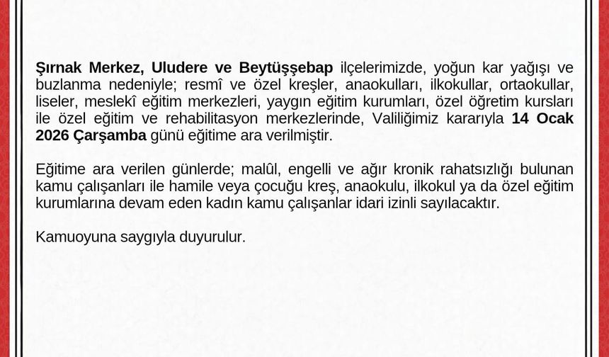Şırnak kent merkezi ile 2 ilçesinde eğitime kar engeli
