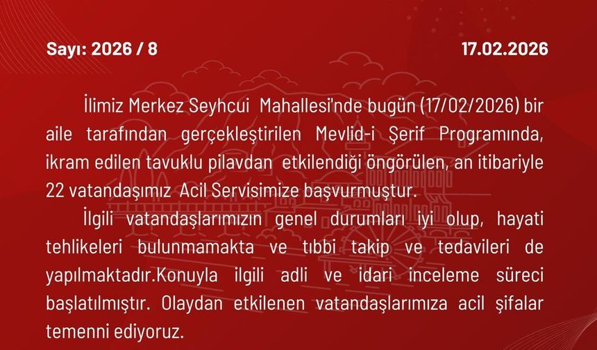 Mevlit yemeği sonrası 22 kişi zehirlenme şüphesiyle hastaneye kaldırıldı