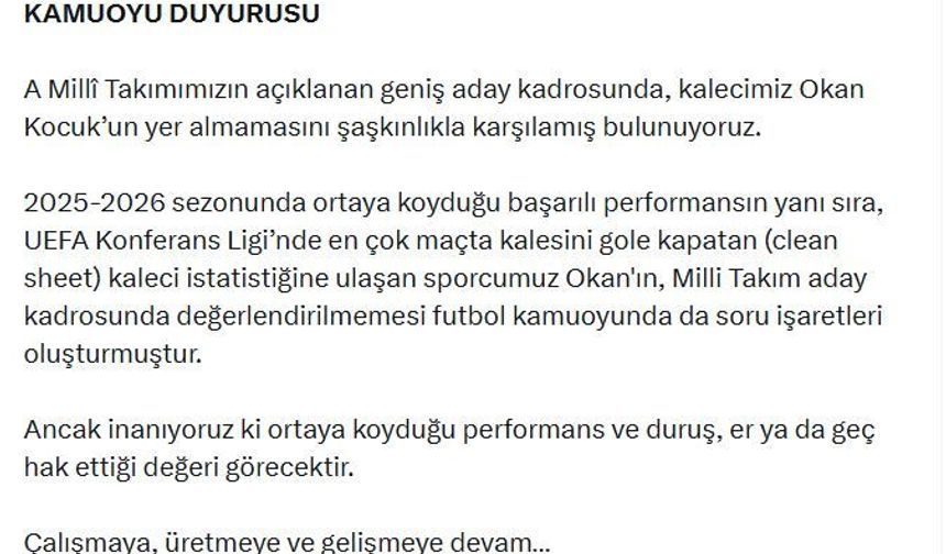 Samsunspor, kalecisi Okan Kocuk'un Dünya Kupası aday kadrosuna alınmamasına tepki gösterdi