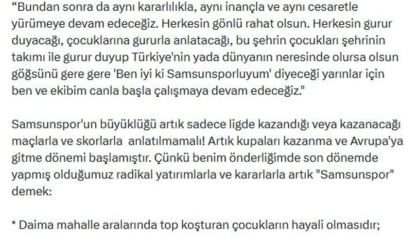 Yüksel Yıldırım: Samsunspor'da artık kupalar kazanma ve Avrupa'ya gitme dönemi başladı